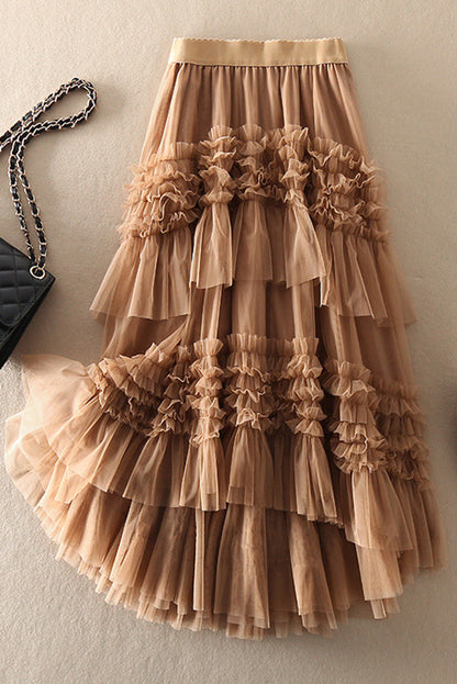 Mood Tulle Pleated Ruffle Elastic Waist Tiered Midi Skirt