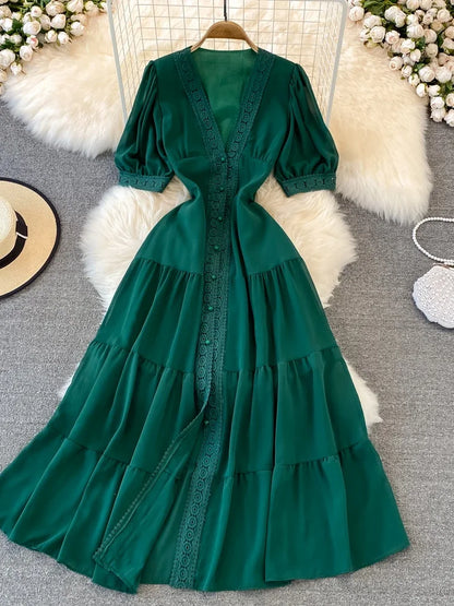 New Party Dress Summer Puff Sleeve V Neck Lace Single-breasted Long Dresses a Line Long Robe