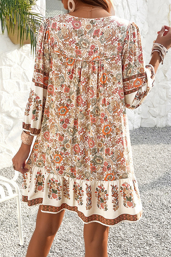 Style Unique Printed V-neck Tie Loose Mini Dress