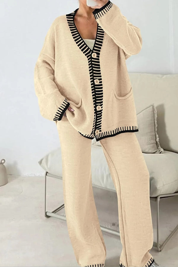 Knitted Long Sleeve Pocket Cardigan and Elastic Waist Loose Wide Leg Pants Set