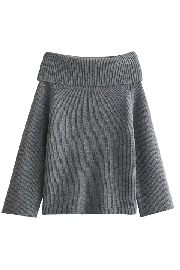 Slim Fit Color Pullover Sweater With Off-shoulder Neckline
