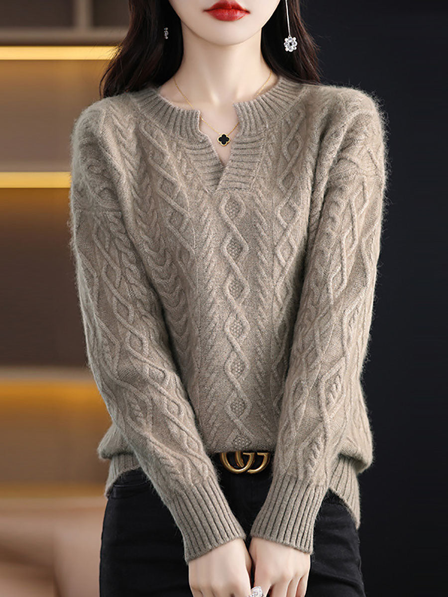 Autumn V-neck Wool Twist Knit Sweater Ax1030