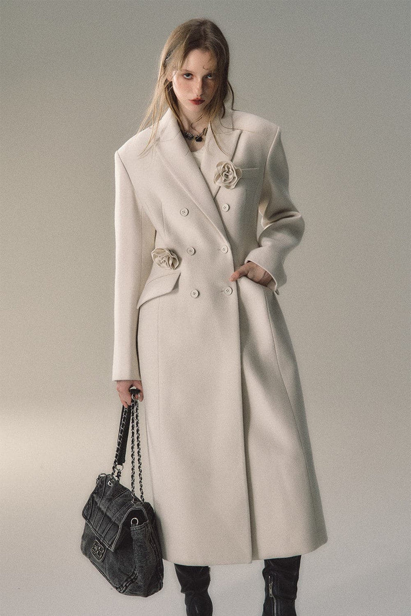 Cream Woolen Double-breasted Coat
