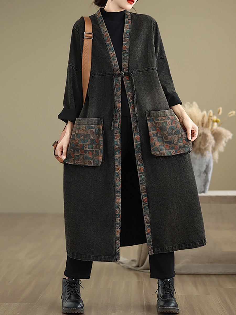 Autumn Worn Patch Colorblock Denim Coat Ah1067