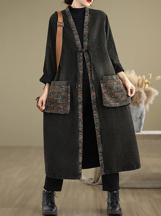 Autumn Worn Patch Colorblock Denim Coat Ah1067
