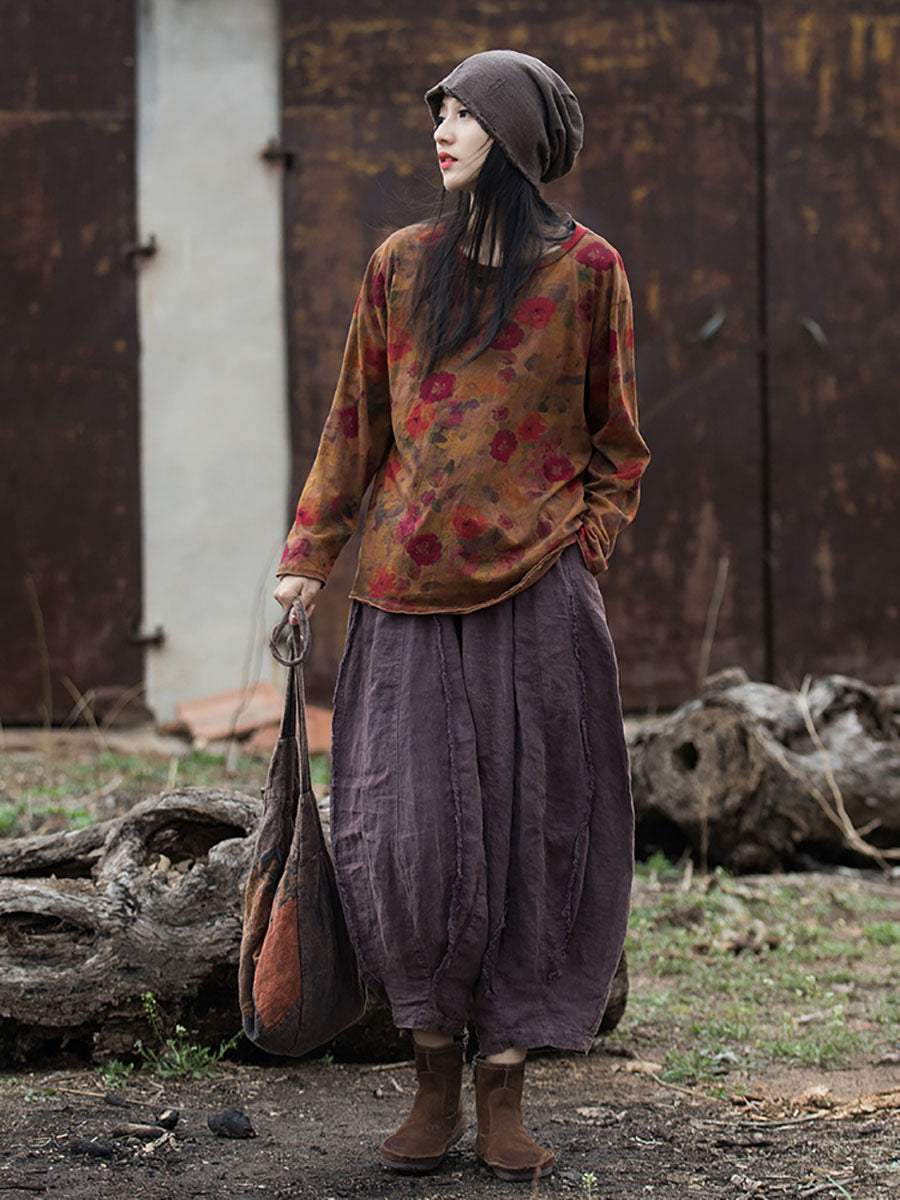 Autumn O-neck Flower Cotton Blouse At1008