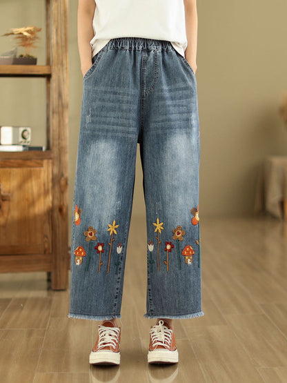 Summer Retro Embroidery Frayed Straight Denim Pants As1042