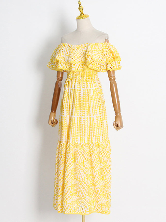Off Shoulder Ruffled Embroidered Long Dresses