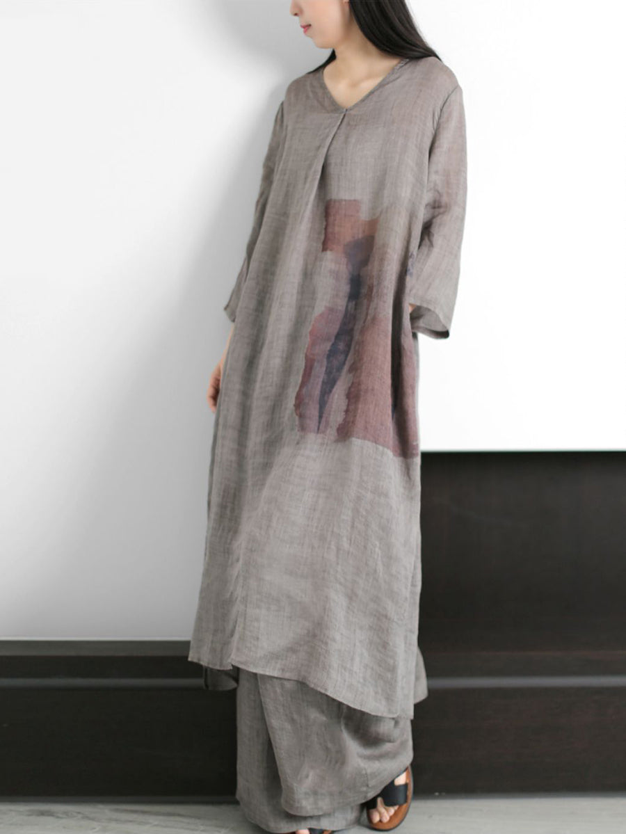 Print 100%ramie Long Shirt+pants Zz1056