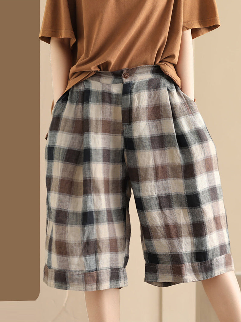 Summer Plaid Linen Wide-leg Pants Pp1028