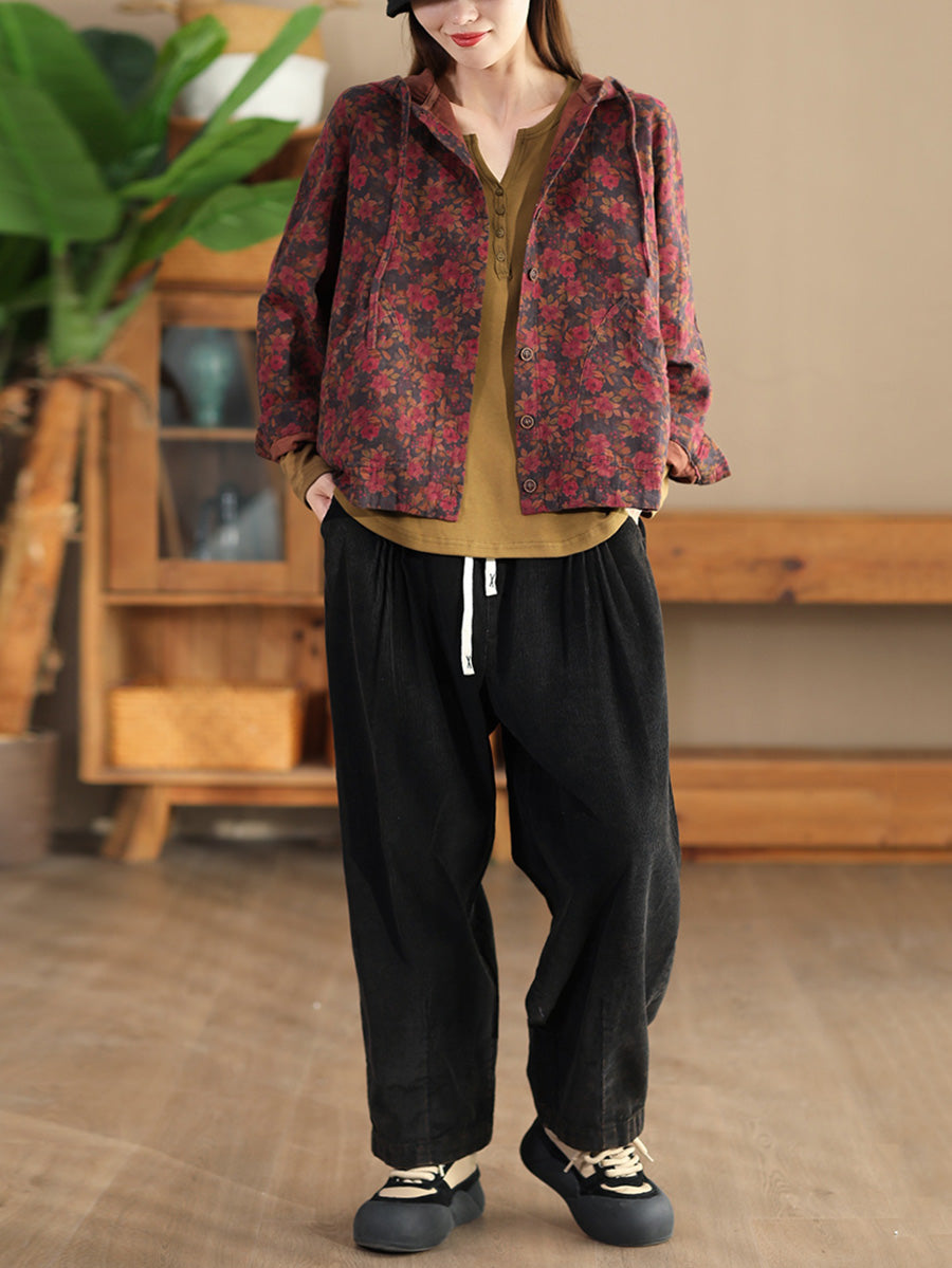 Autumn Flower Button Cotton Linen Hooded Coat Ah1013