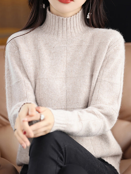 Autumn Half Turtleneck Plaid 100%wool Sweater Qu031