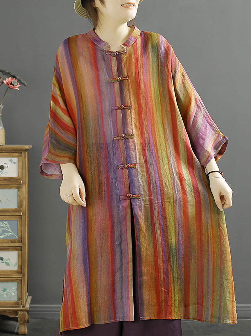 Summer Stripe Button-up 100%ramie Shirt Coat Kl1032