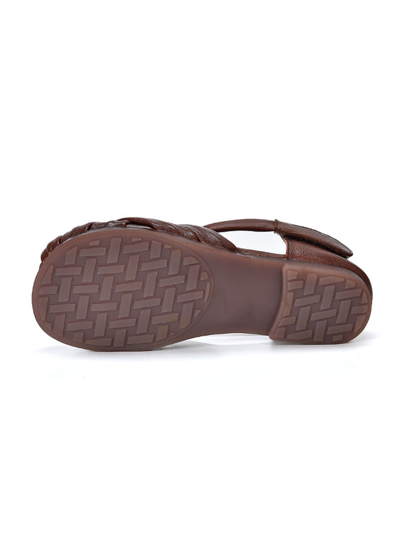 Summer Leather Flat Retro Weave Genuine Shoes