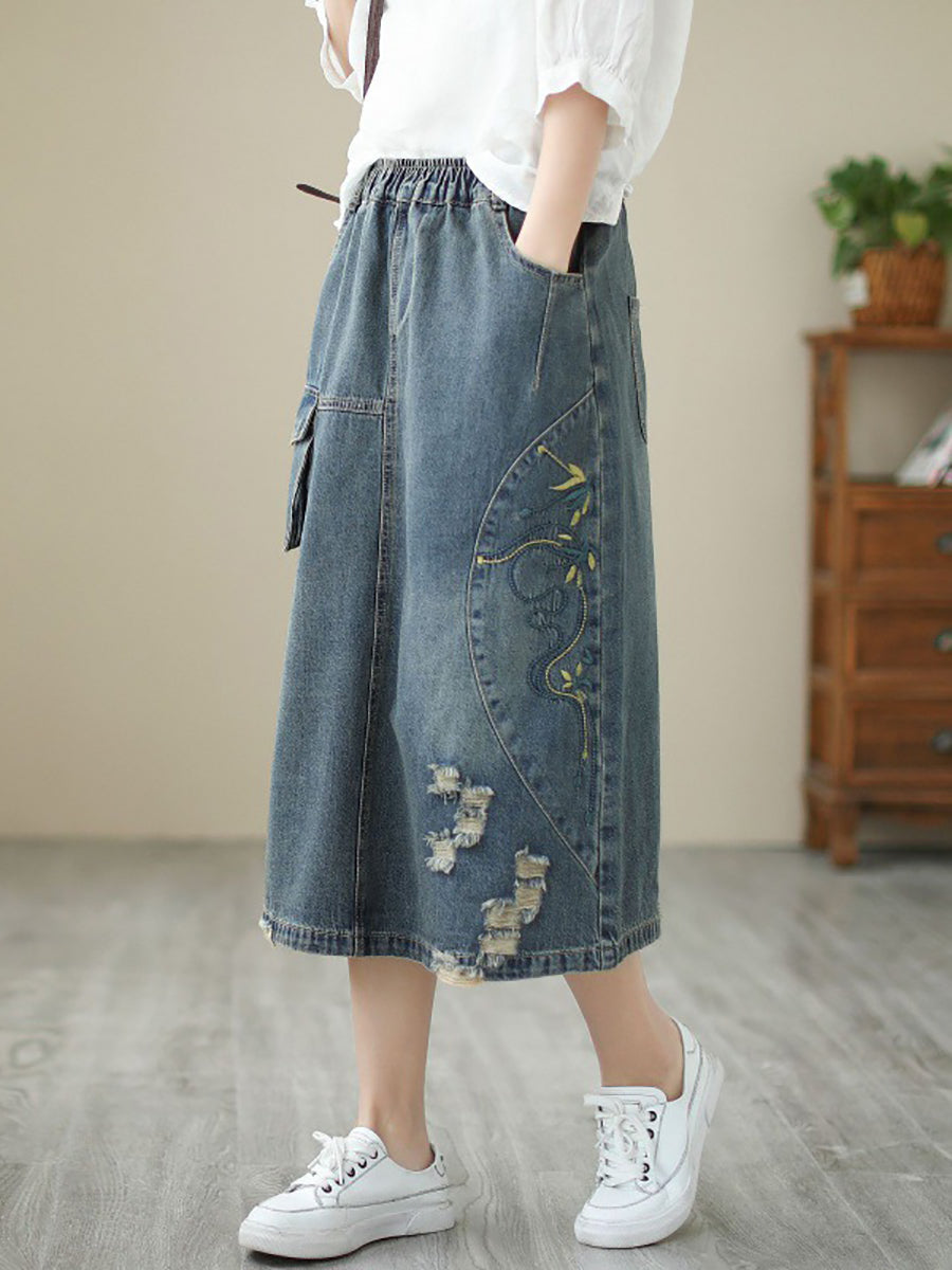 Summer Flower Embroidery Frayed Denim Skirt As1041