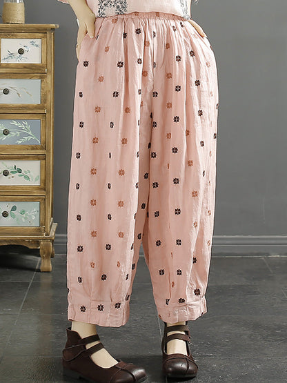 Spring Artsy Flower Embroidery Ramie Harem Pants Kl1009
