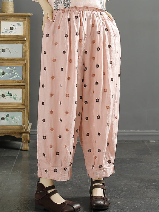 Spring Artsy Flower Embroidery Ramie Harem Pants Kl1009