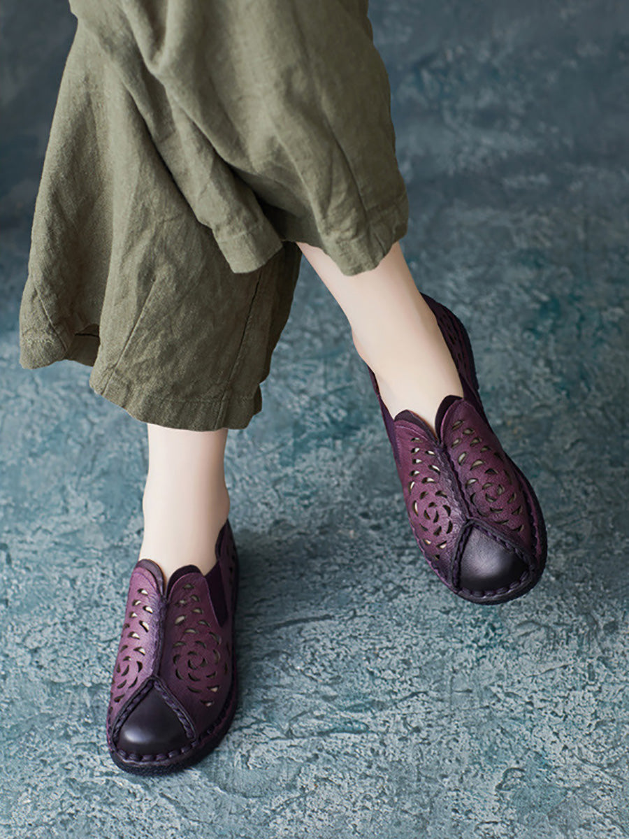 Summer Genuine Leather Cutout Spliced Falt Shoes Ll003