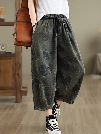 Summer Retro Flower Denim Loose Pants Ii1003