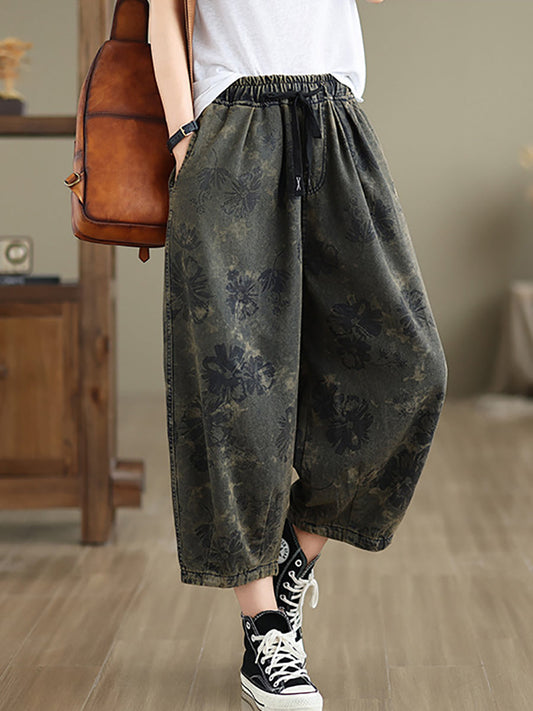 Summer Retro Flower Denim Loose Pants Ii1003