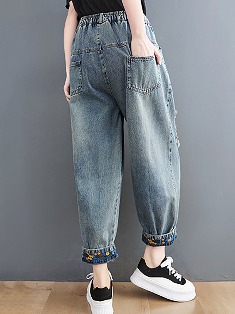 Artsy Embroidery Frayed Denim Harem Pants Fd006
