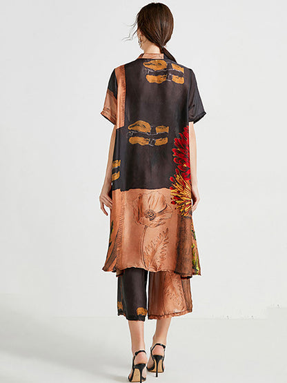 Artsy Flower Spliced Long Shirt+pants Hh053