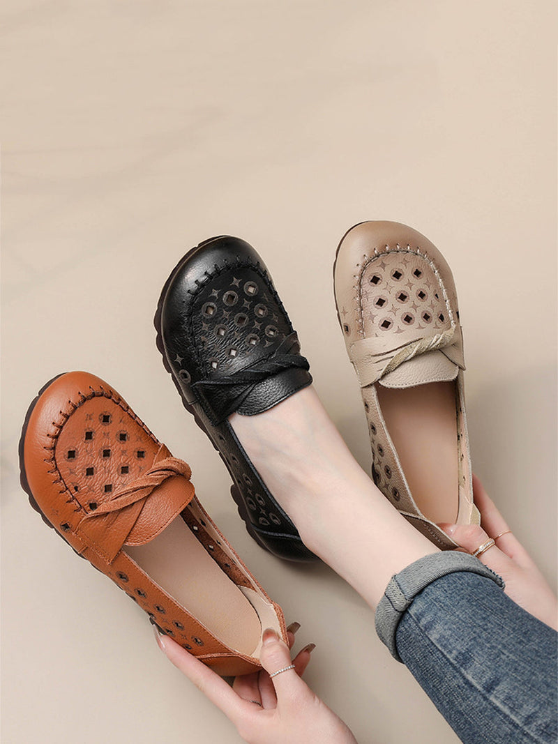 Leather Cutout Spliced Low Heel Shoes Rr1047