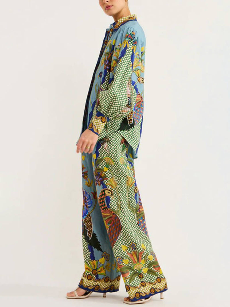Printed Puff Sleeve Shirt Two-piece Set