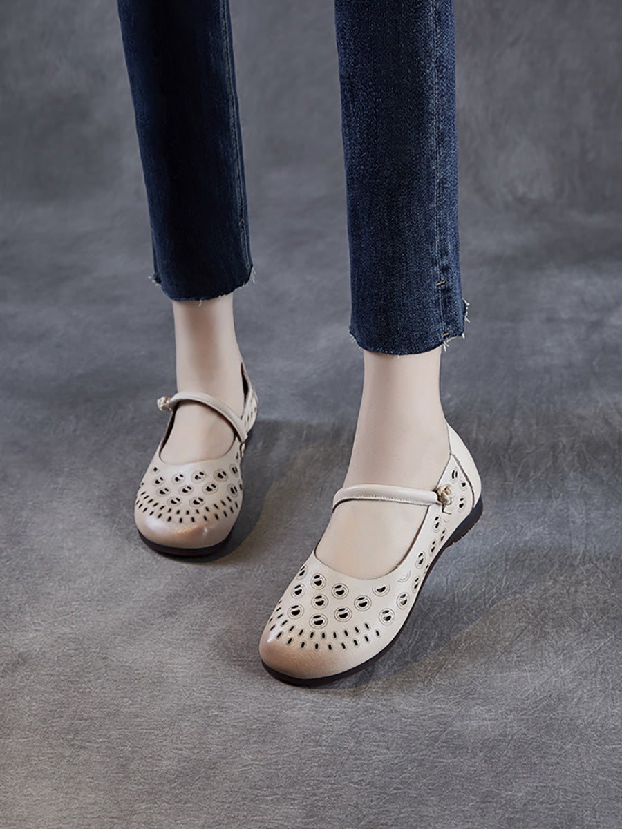 Genuine Shoes Summer Hollow Out Heel Low Leather