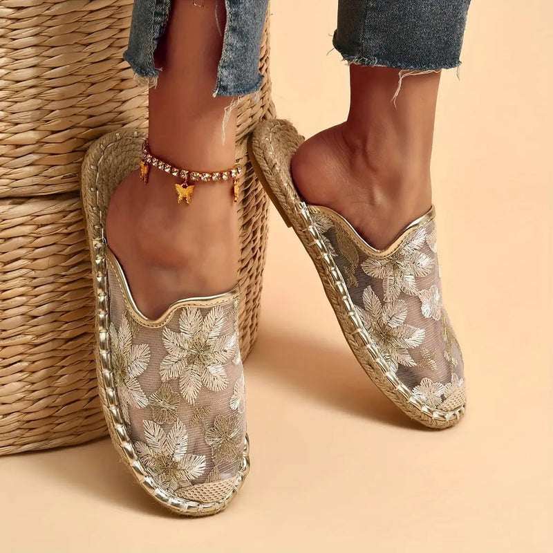 Linen Woven Flat Round Toe Half Slippers