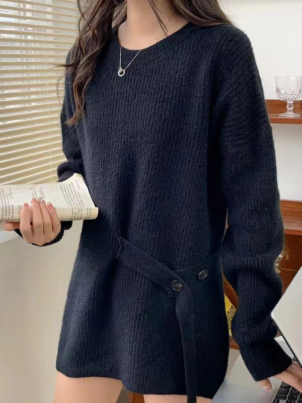 Green Round-neck Bandage Long Sleeve Knit Sweater An1036