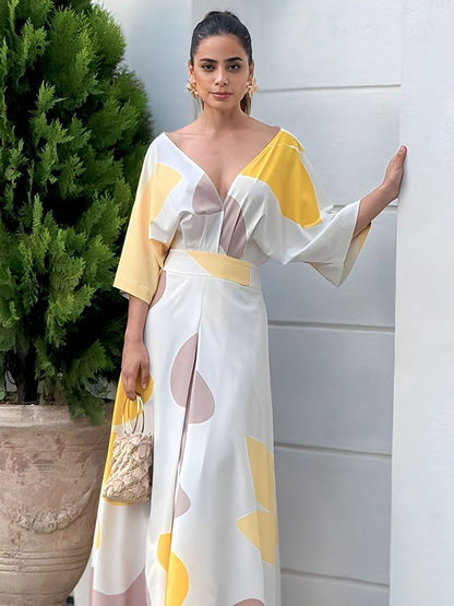 Loose Raglan Sleeve High-waisted Printed Deep V-neck Maxi Dresses