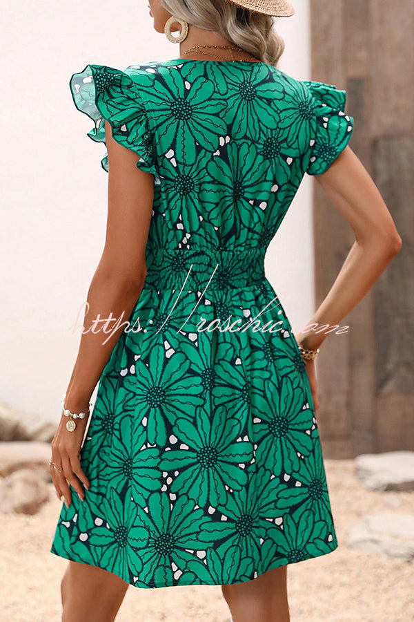 Wonderful Weekend Print Ruffle Sleeve Elastic Waist Mini Dress