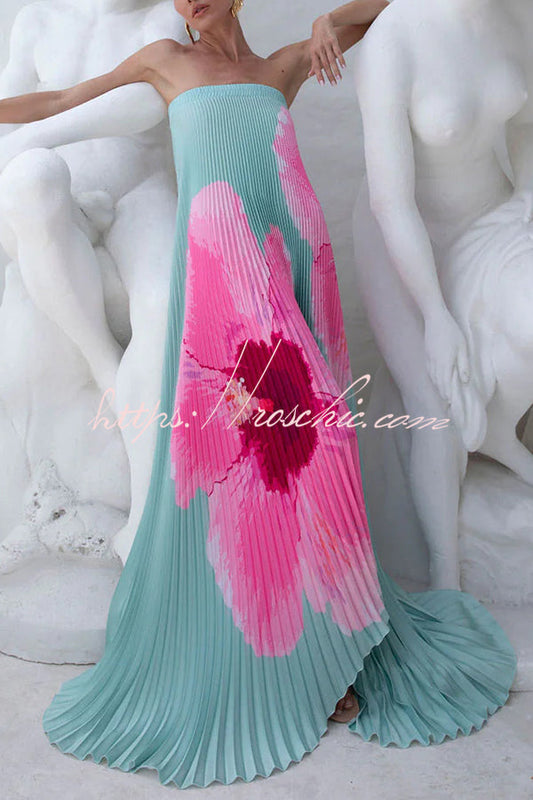 All About Her Pleated Print Off Shoulder A-line Maxi Dress