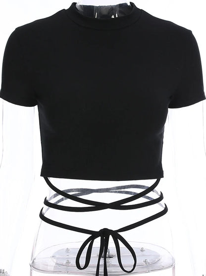 Summer Black Short T-shirts Crop Tops Short Sleeve Bandage Tee Tops Female Shirts