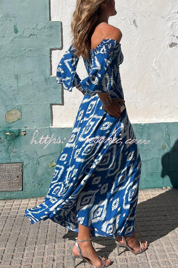 Close to the Vacation Print Smocked Off Shoulder Pocketed Maxi Dress