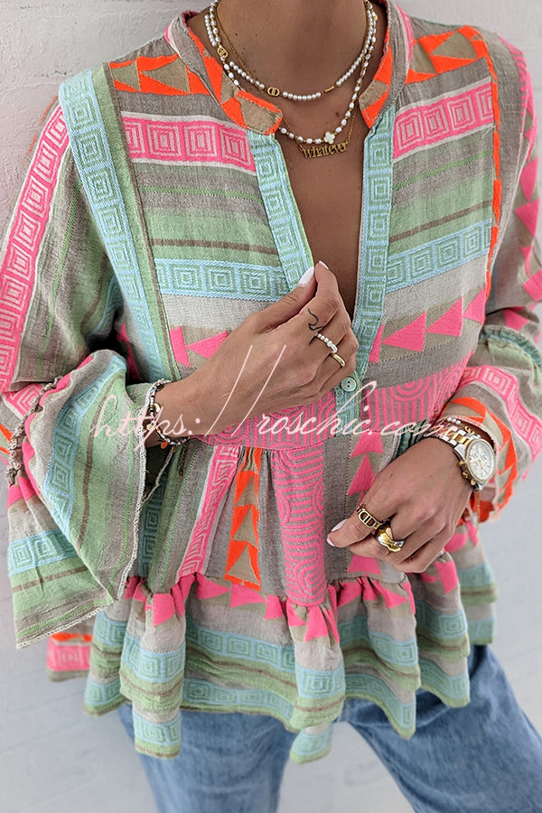 Phylis Linen Blend Colorful Print Bell Sleeve Babydoll Blouse