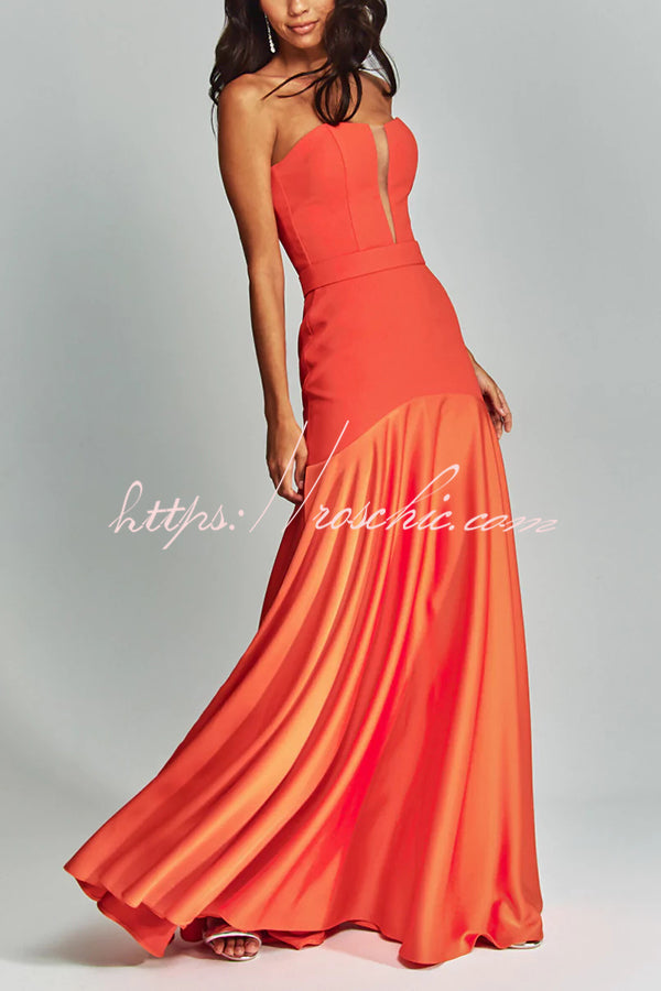 Mermaid Style Off Shoulder Sheer V-neck Satin Hem Party Maxi Dress
