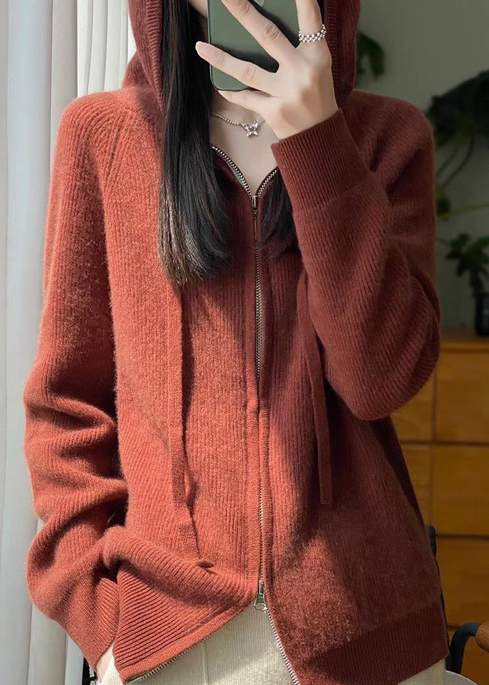 Pink Hooded Zip Up Wool Knit Coat Fall Qx034