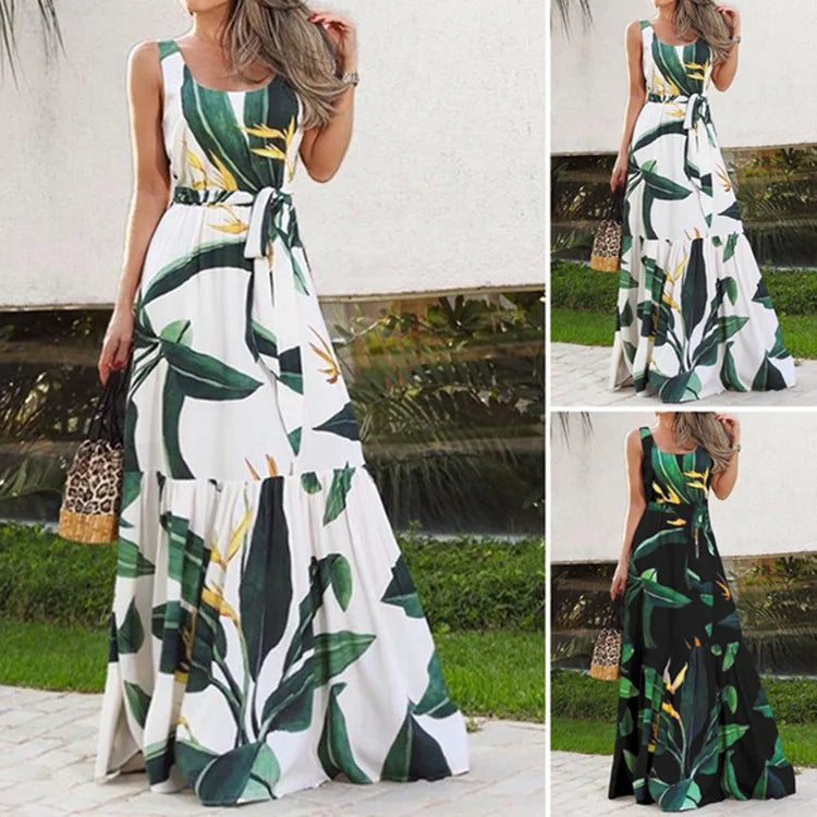 Summer Flower Print Sleeveless Long Dresses Vacation Style Dress O Neck High Waist Leace-up Maxi Vestidos