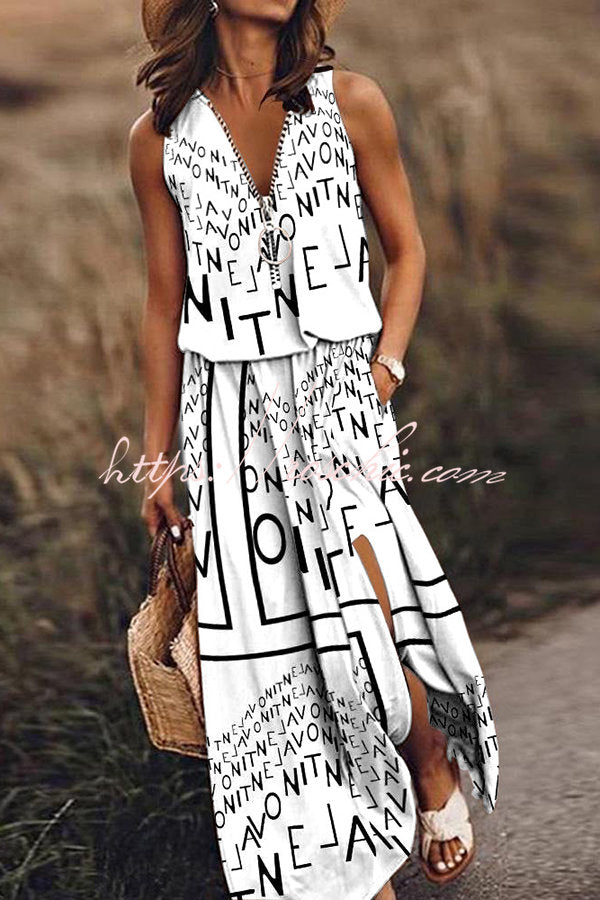 Modern Letter Print Zipper Neck Daily/vacation Maxi Dress