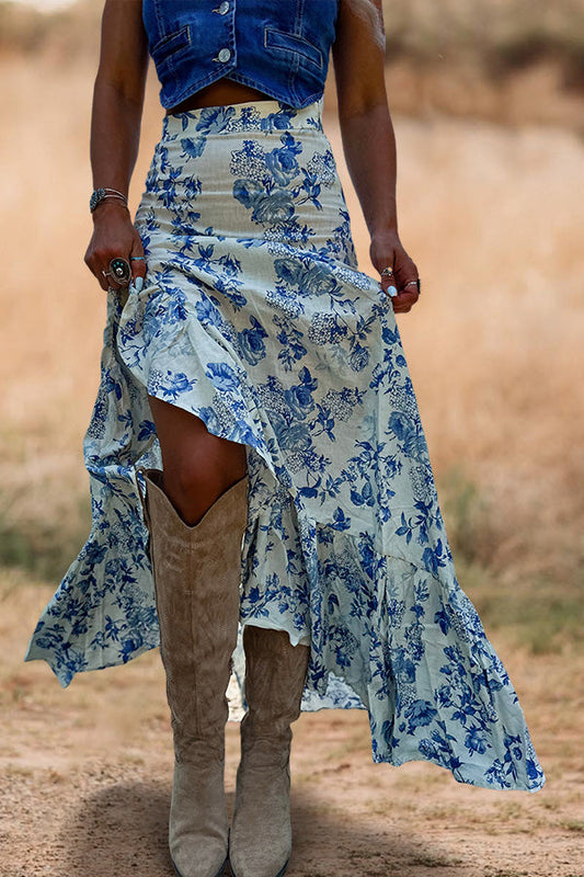 Southern Print Ruffled Slit Maxi Skirt