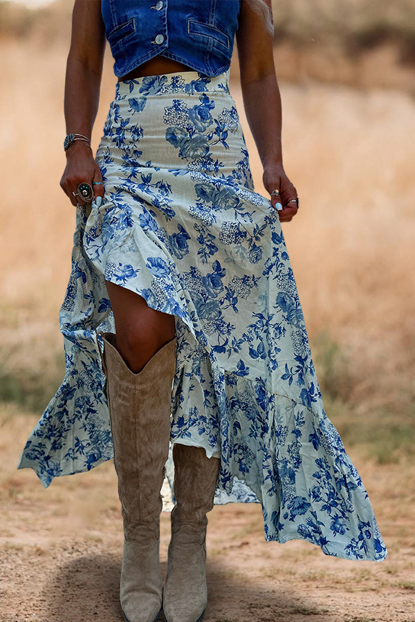 Southern Print Ruffled Slit Maxi Skirt