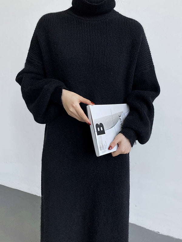 Urban Loose Purple High-neck Long Puff Sleeve Sweater Dress An1052