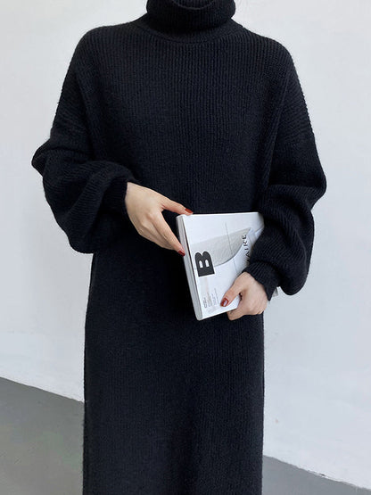 Urban Loose Purple High-neck Long Puff Sleeve Sweater Dress An1052
