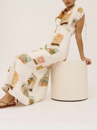 Ramie Colorful Printed Long Dresses for Sleeveless V-neck Y2k Style Dress Temperament A-line Maxi Vestidos