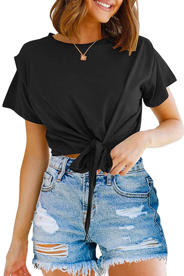 Short Sleeve Knot Front Cropped T-shirt