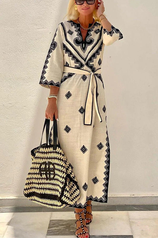 Quiet Atmosphere Linen Blend Print Belted Midi Dress