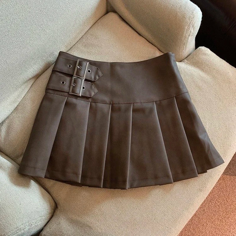 S-3xl Y2k Pu Leather Mini Skirts High Waist Pleated Skirt Korean Black Slim a Line Skirts