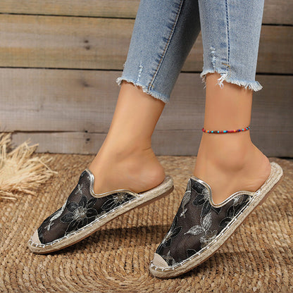 Linen Woven Flat Round Toe Half Slippers
